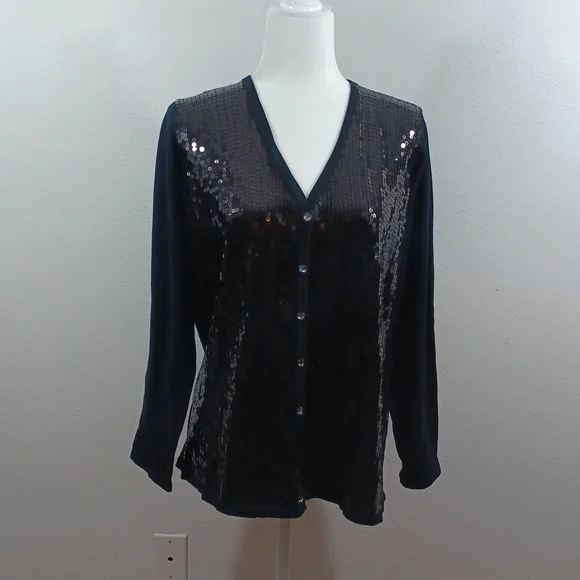 The Quacker Factory Sequin Sweater Cardigan Button Medium M Shiny EUC - Picture 1 of 13